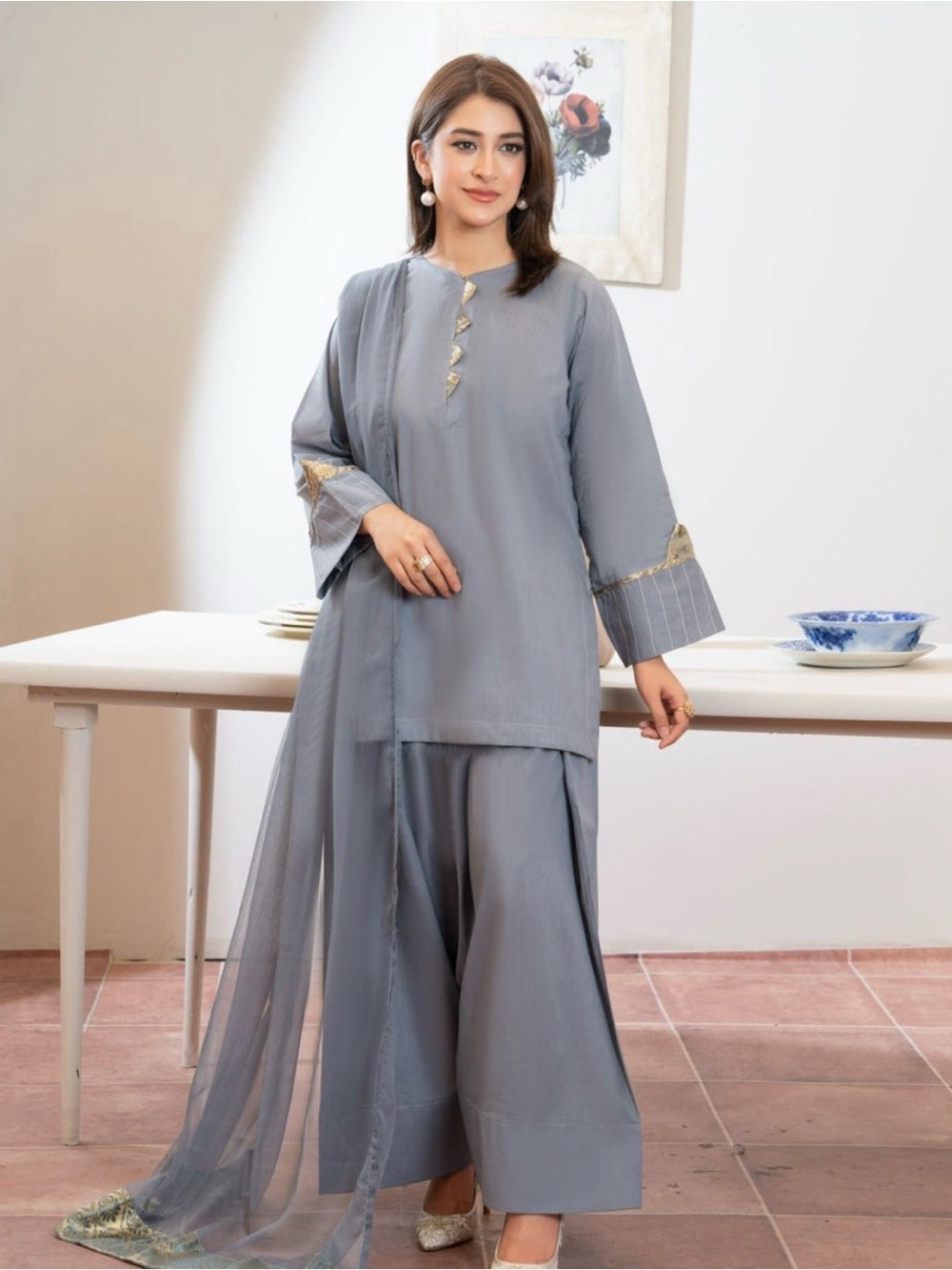 Beautiful Blue/Grey Farshi Salwar suit w/dupatta